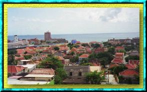View of the ship and Willemsted in Cura&ccedil;ao from the Queen Juliana Bridge