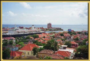View of the ship and Willemsted in Cura&ccedil;ao from the Queen Juliana Bridge
