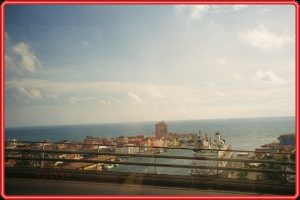 View of the ship and Willemsted in Cura&ccedil;ao from the Queen Juliana Bridge